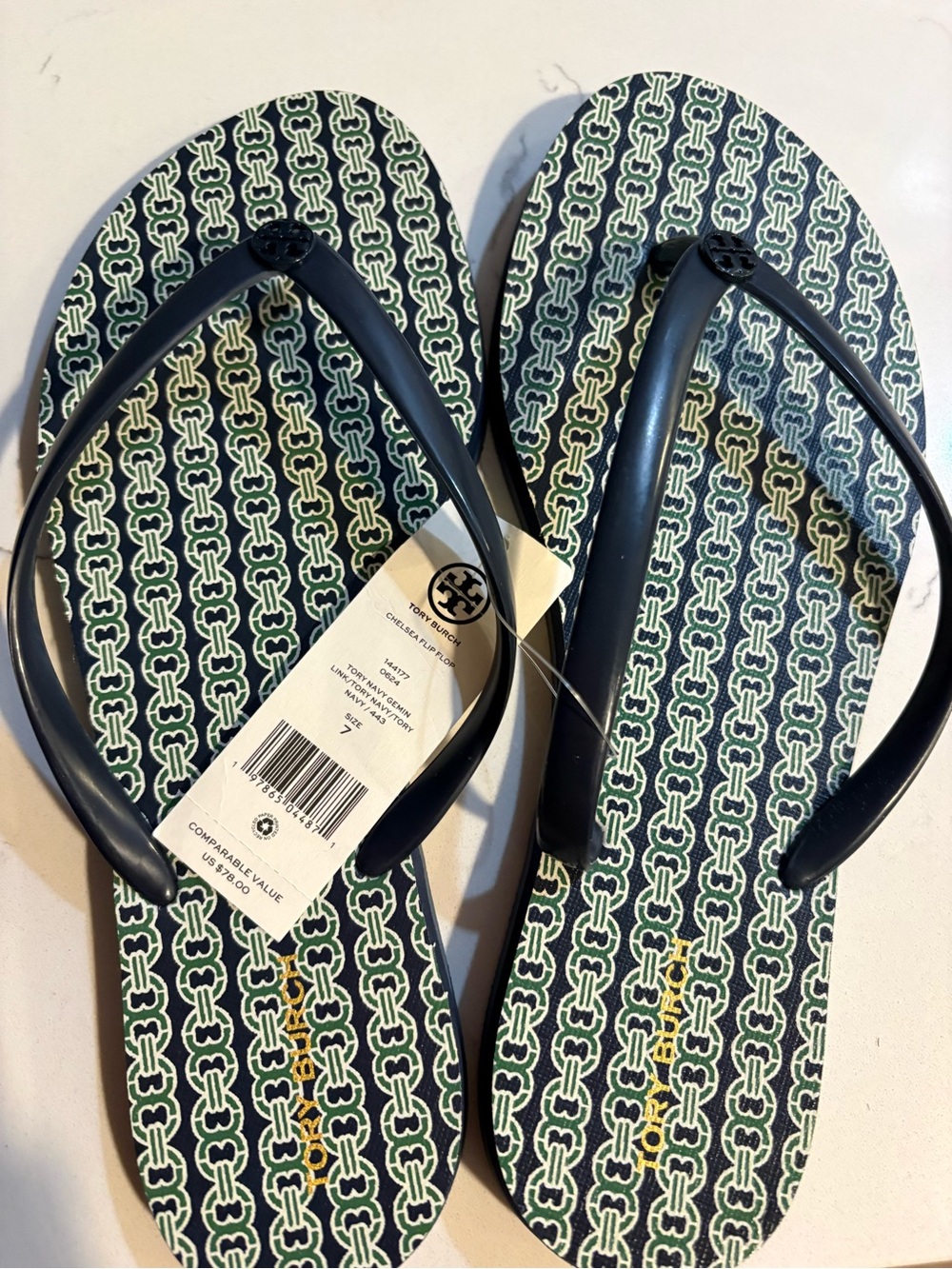 Tory Burch Navy Patterned Logo-Print Flip Flop Sandals